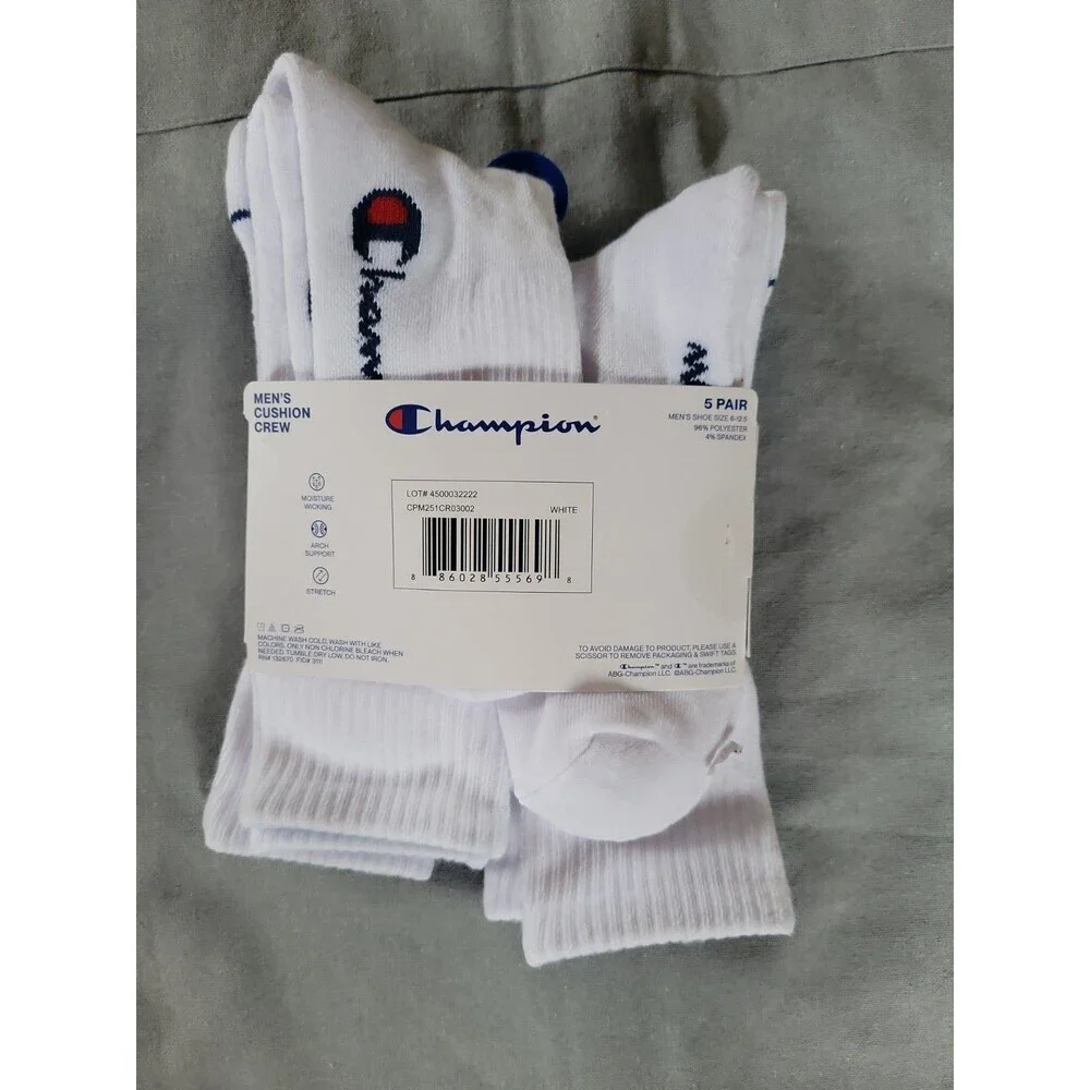 Champion Mens Crew  Socks 5 Prs -Athleticwear SZ 6-12  Cushioned Performance